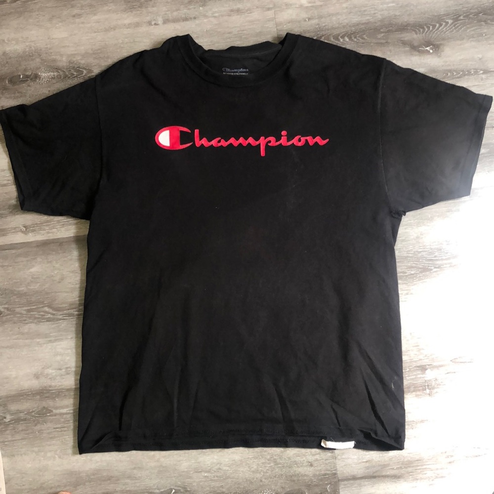 Champion Black Tee Large Red Text